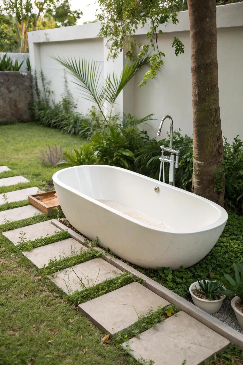 Embrace minimalist calm with a sleek open-air bathtub design.