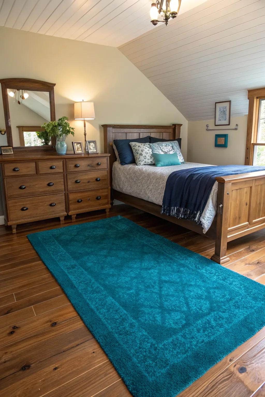 An aqua rug gives your bedroom flooring color and warmth.