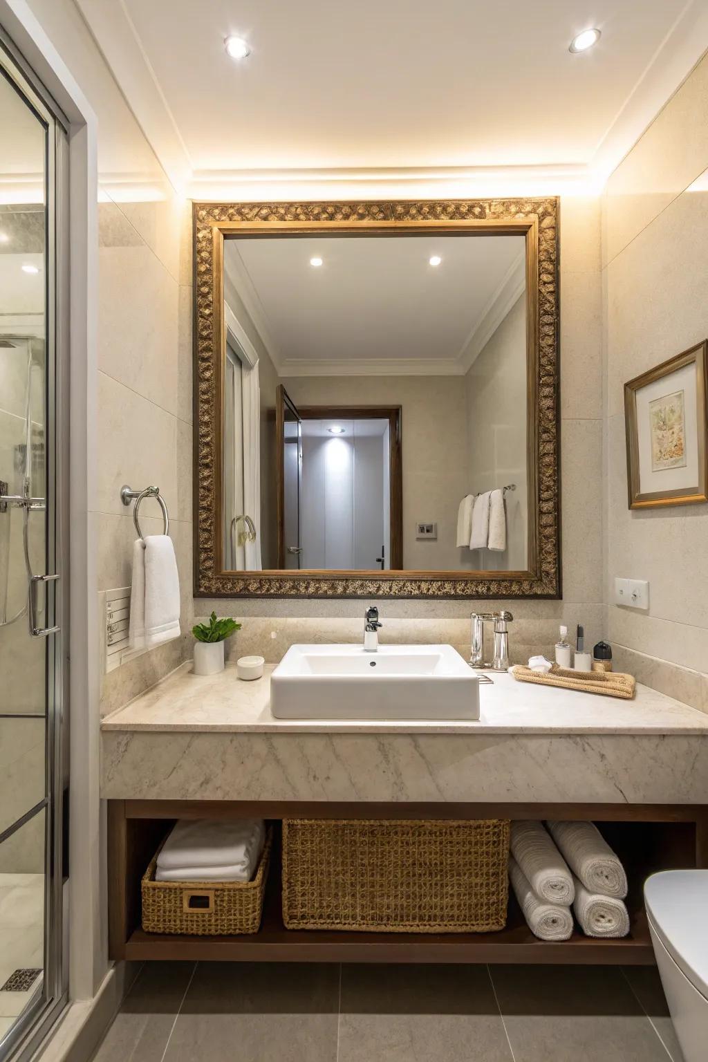 A large mirror with a simple frame enhances the sense of space.