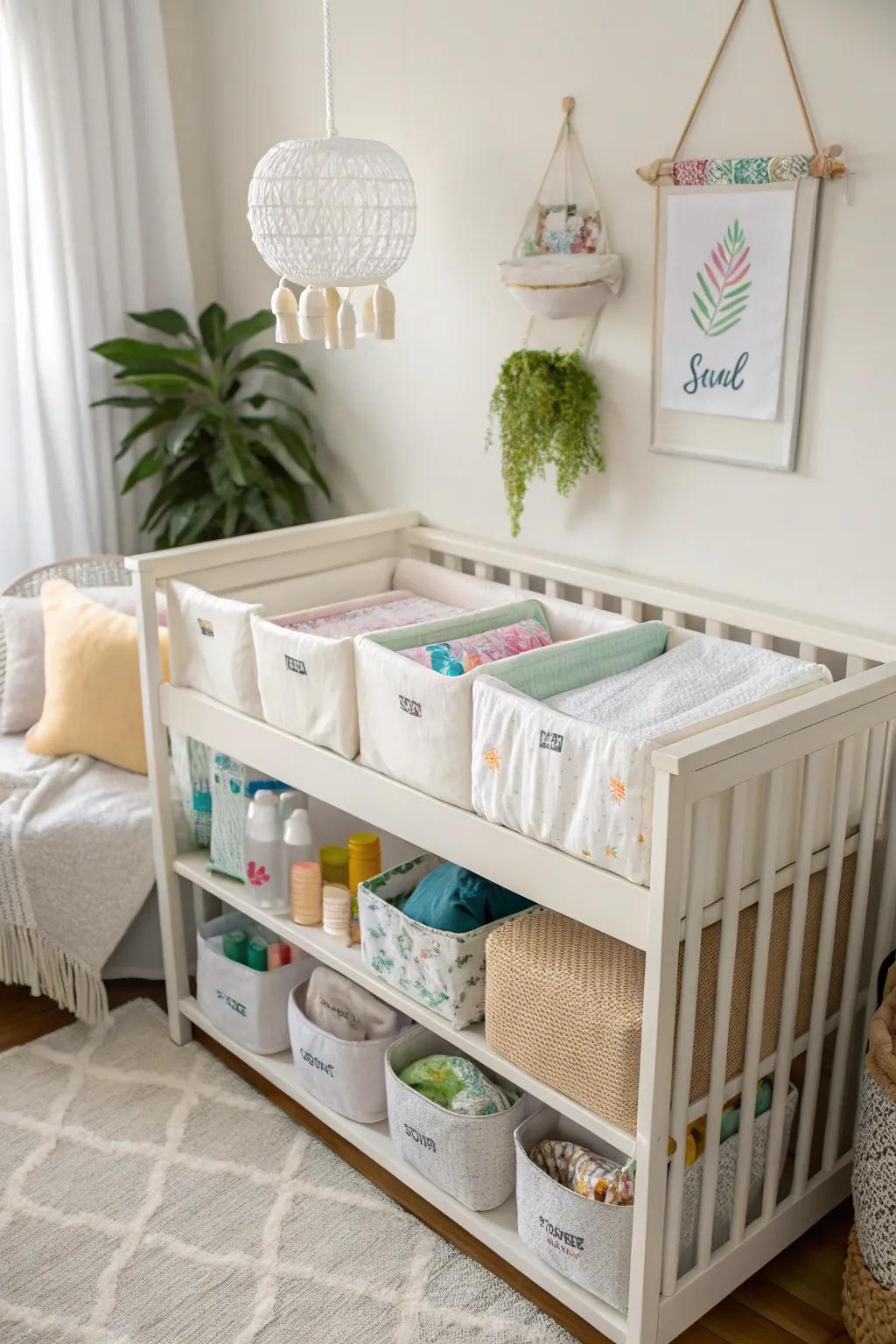 Effective utilization of the area underneath the baby bed by using storage bins for additional items.