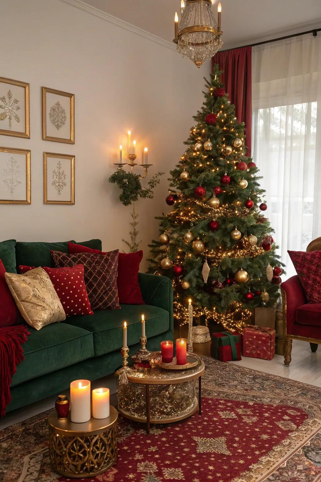 Traditional hues forge a heartwarming and celebratory holiday atmosphere.