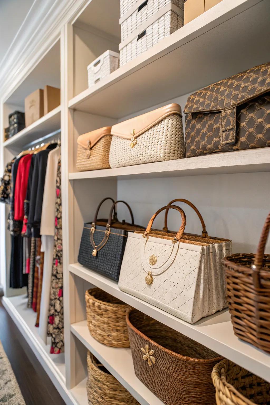 Baskets are a charming way to store less rigid purses.