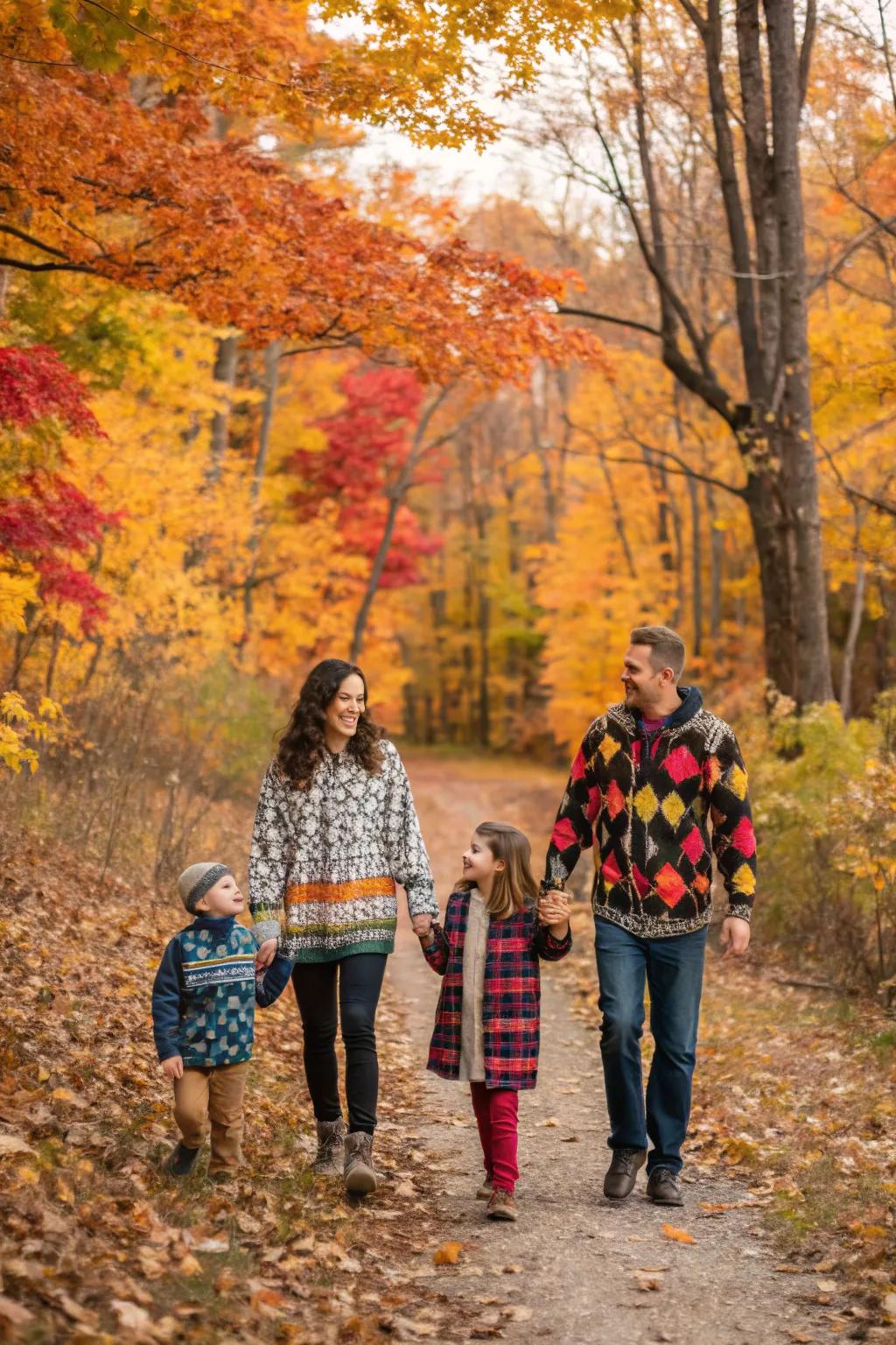 Mixing patterns creates a dynamic and engaging family photo.