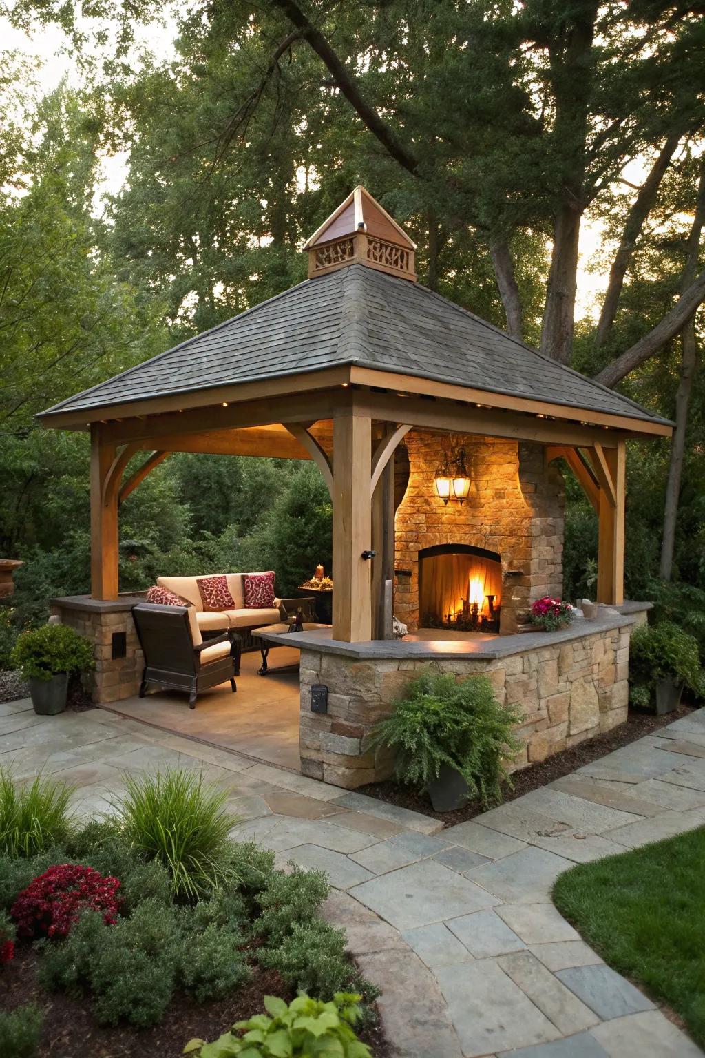 Add warmth and character with a fireplace in your outdoor kitchen gazebo.