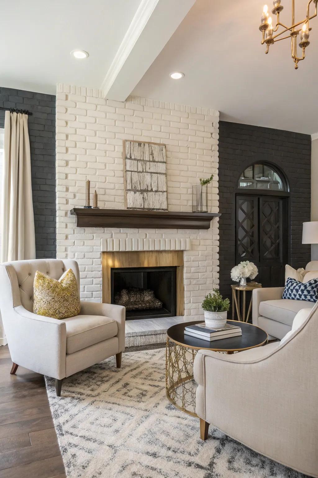 A fireplace in a duet of tones, adding depth and intrigue.