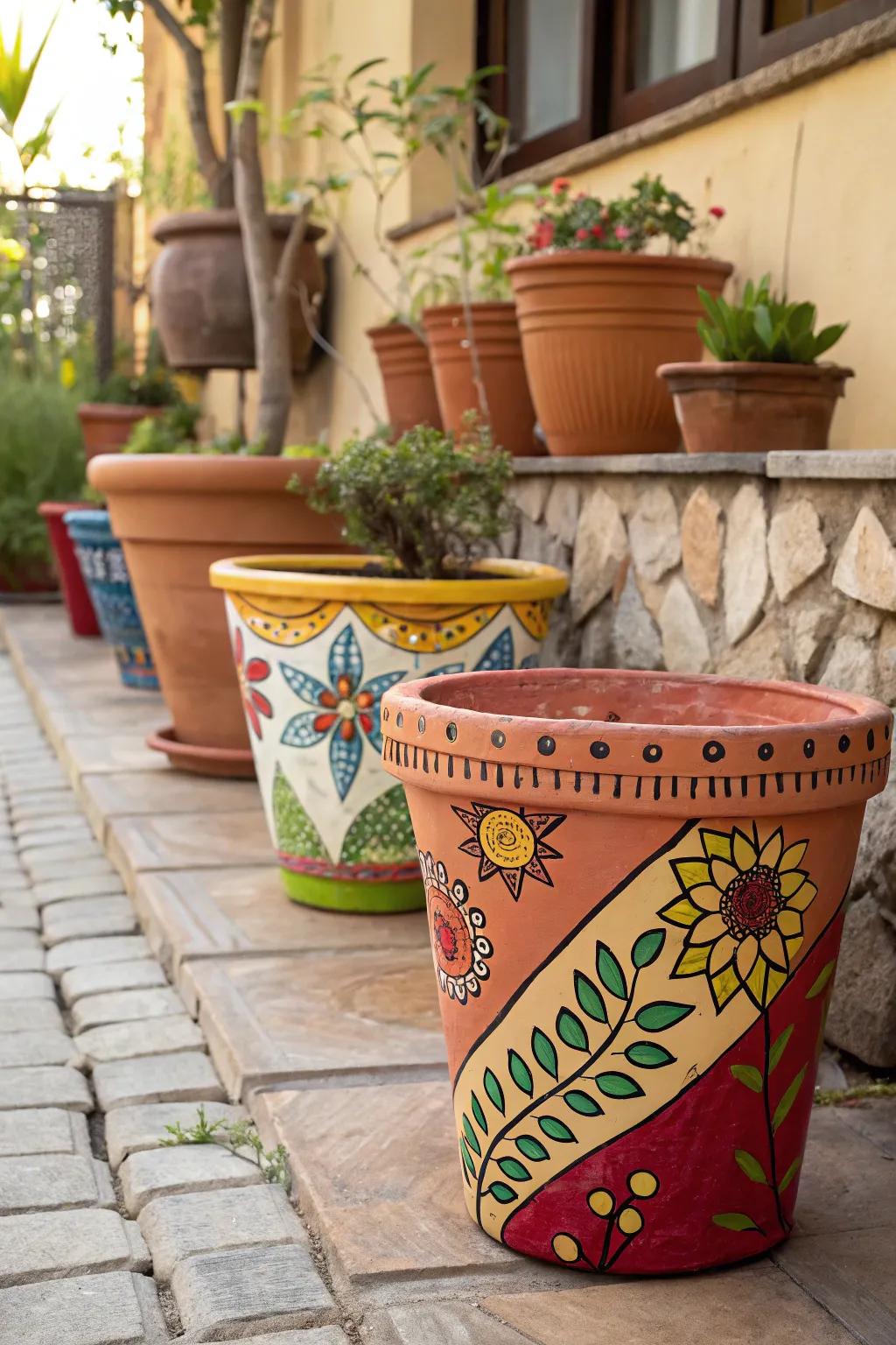 Brightly painted clay pots add a touch of charm to a patio.