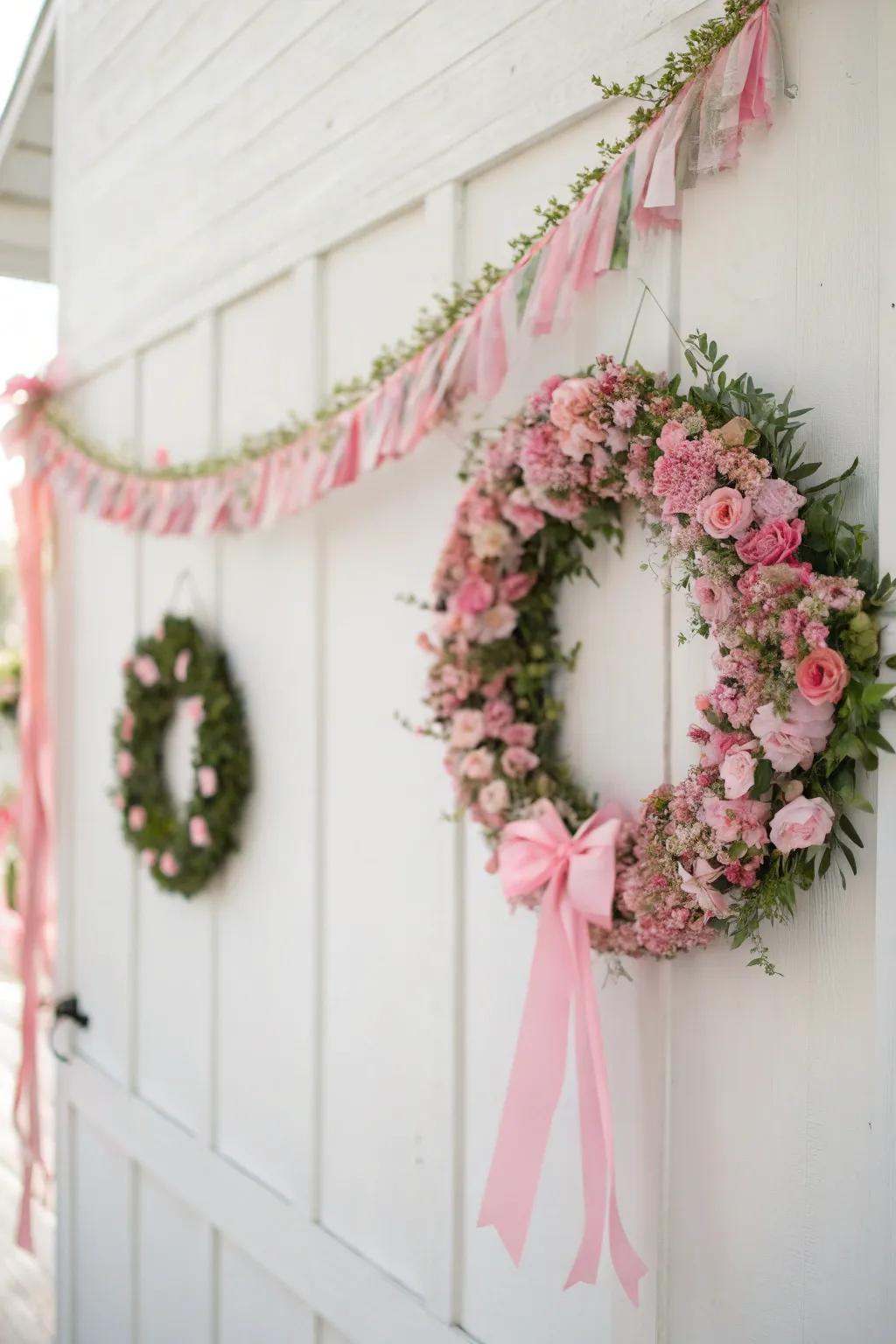 Rosy garlands and wreaths introduce festive style.