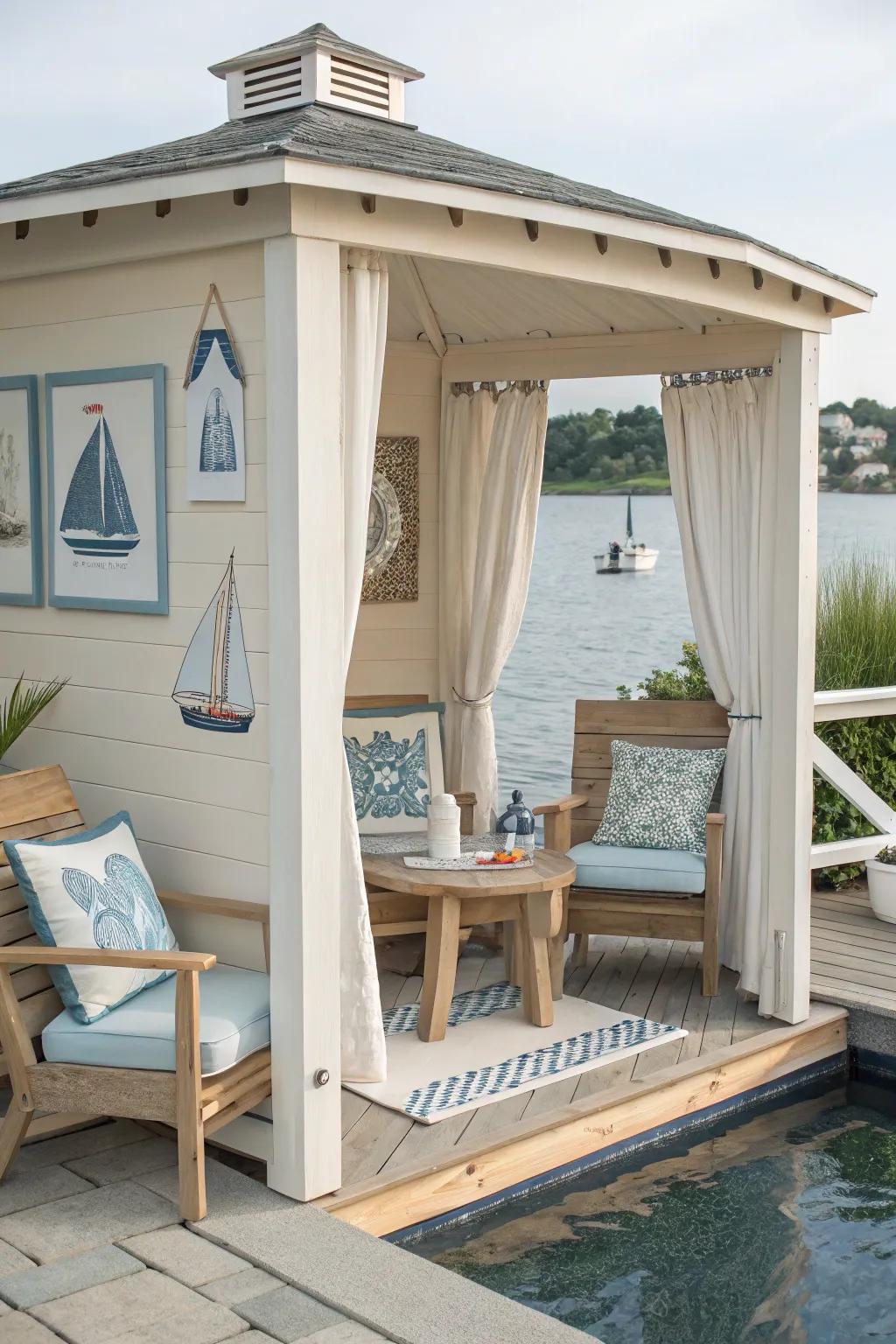 A coastal cabana with nautical decor and light wooden accents.