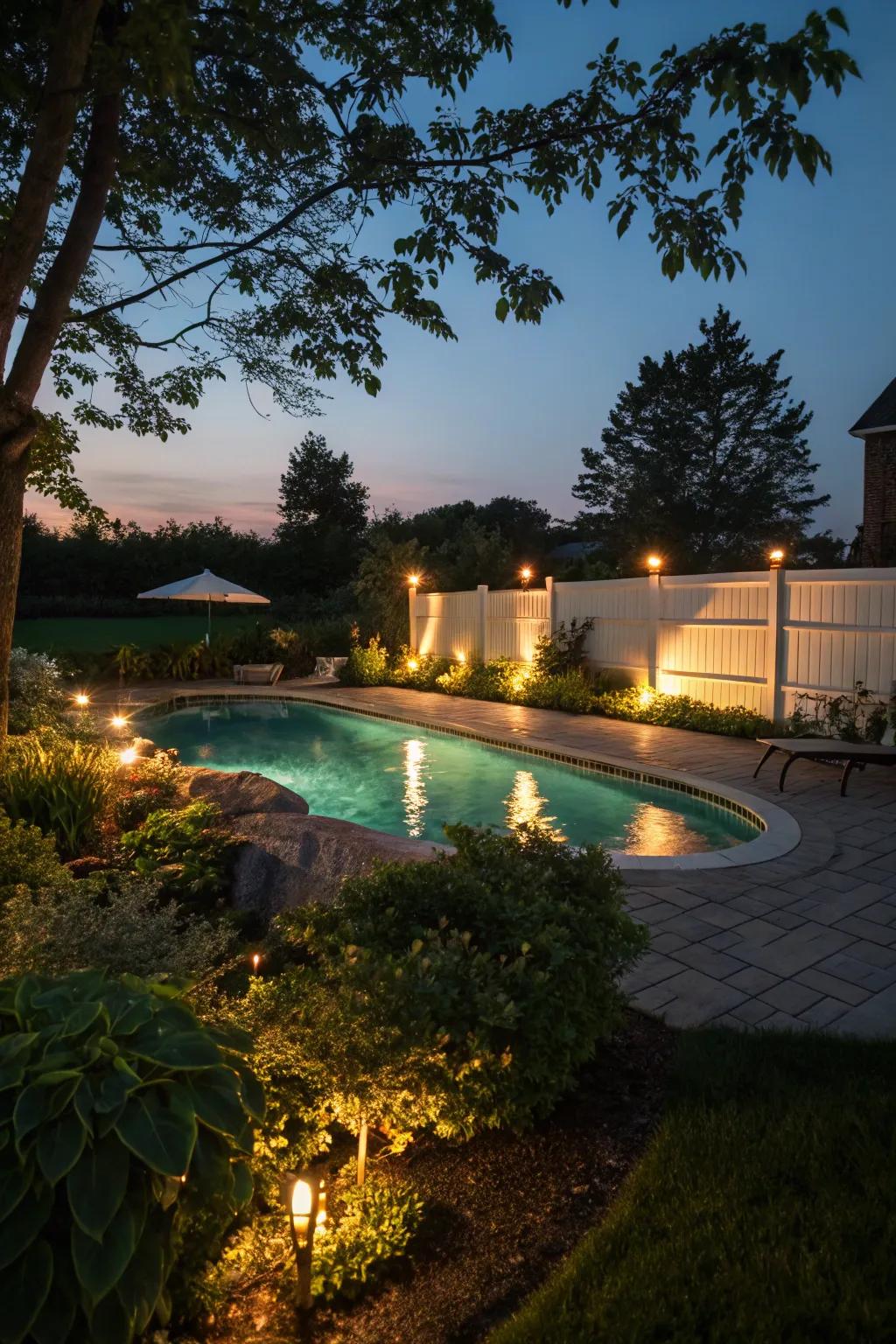 Ambient lighting turns your pool area into a captivating evening retreat.