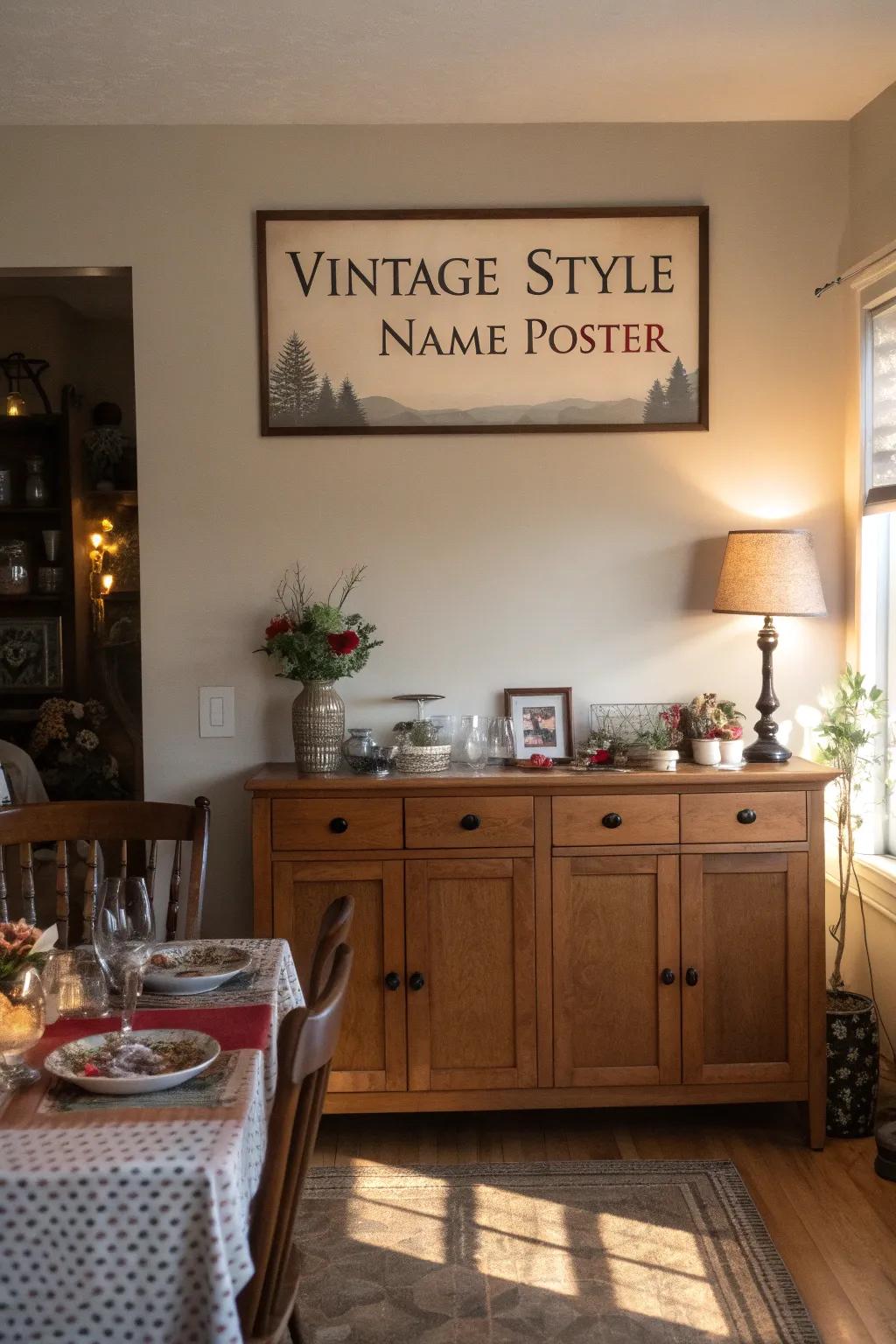 A retro name sign infusing nostalgic charm to a refectory.