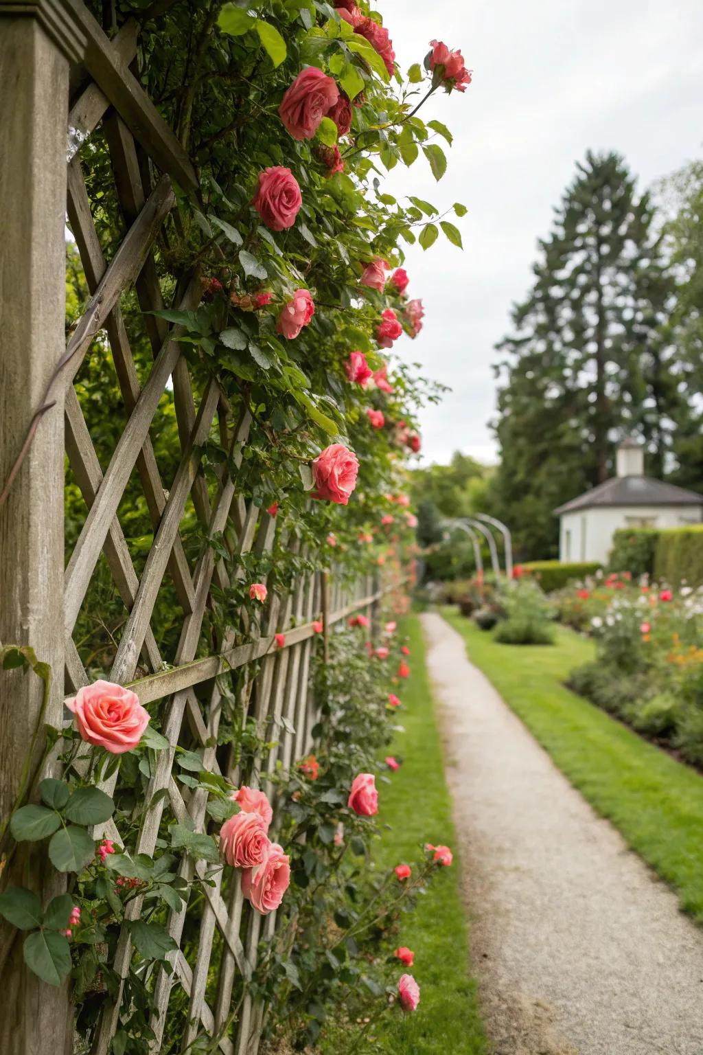 Lattice fences combined with plants create a living privacy screen.