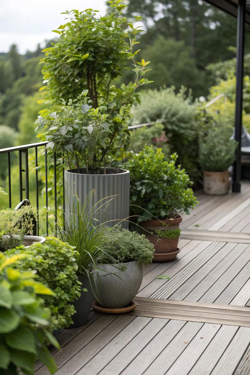 Strategically placed potted flora design a secluded deck nook.