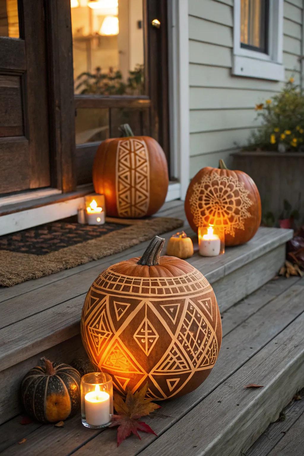 Elaborately shaped pumpkins with radiant layouts.