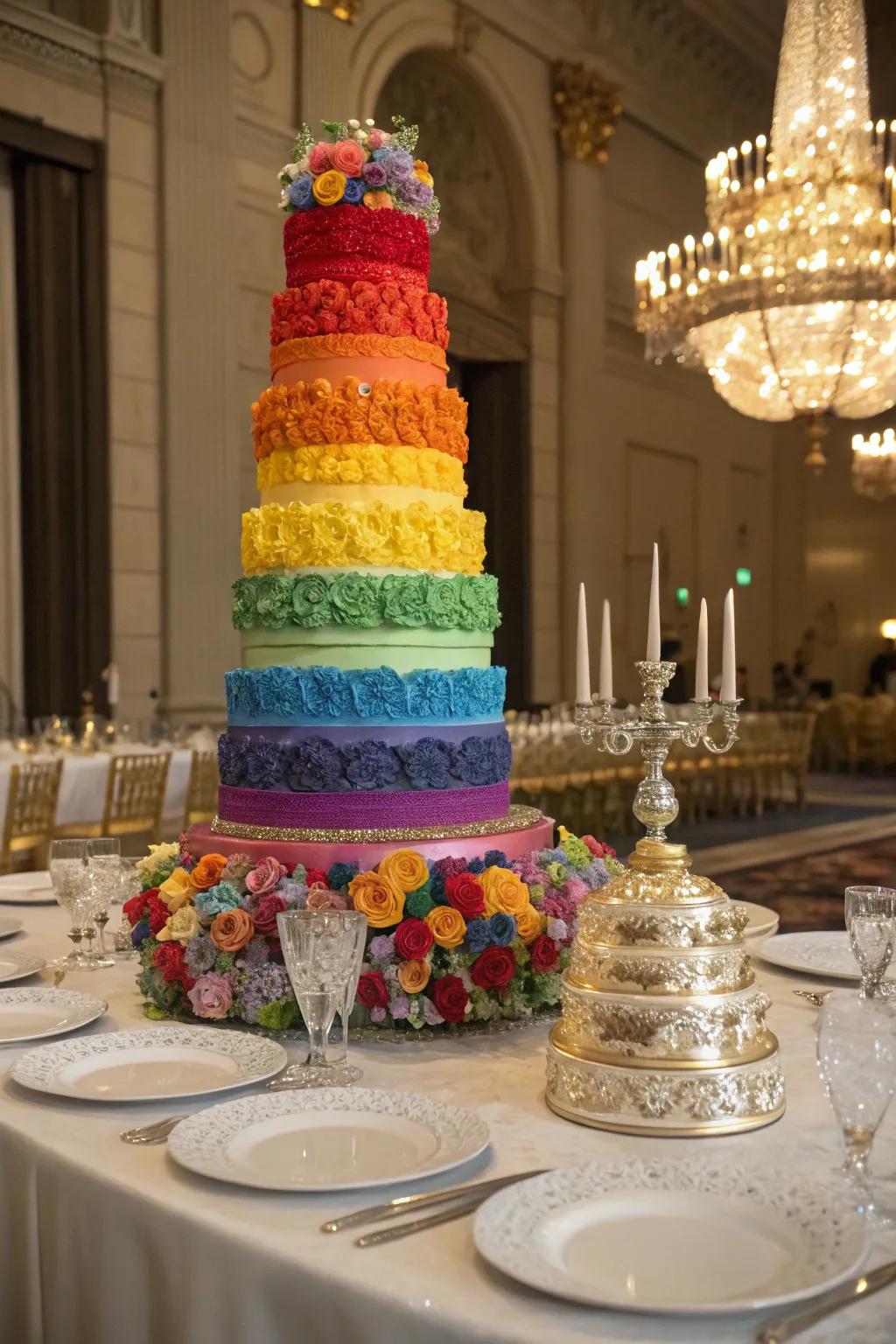 A multi-layered spectrum confection establishes a stunning centerpiece.