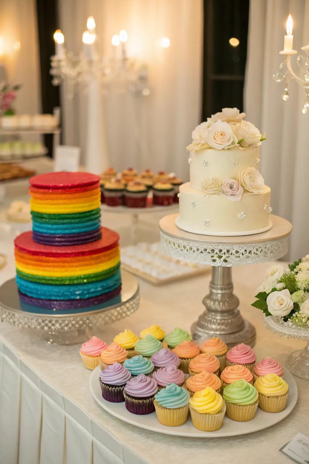 A dessert display at a wedding showcasing a rainbow cake alongside kaleidoscopic cupcakes.