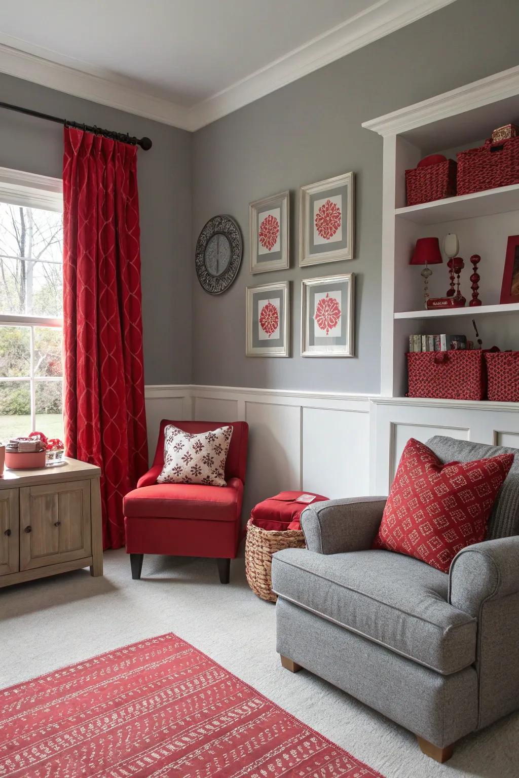 A room with a silver base and vibrant scarlet accents.