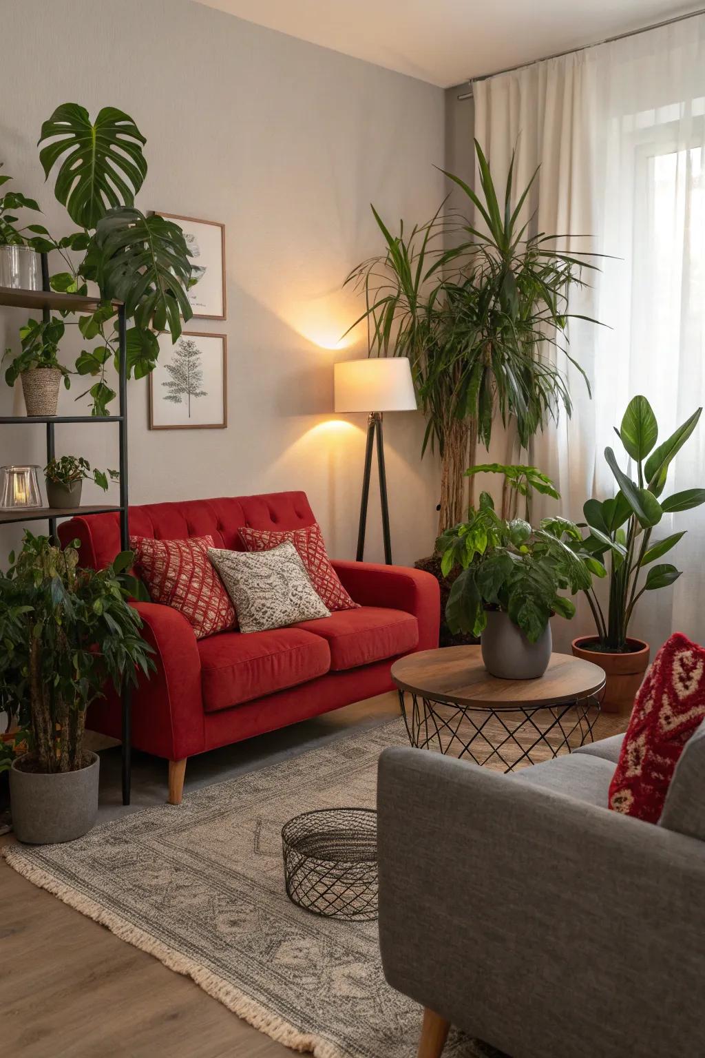 Botanicals create a natural counterbalance to the red and grey palette.