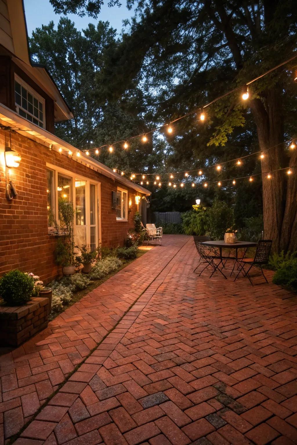 A red brick patio beautifully illuminated with string lights