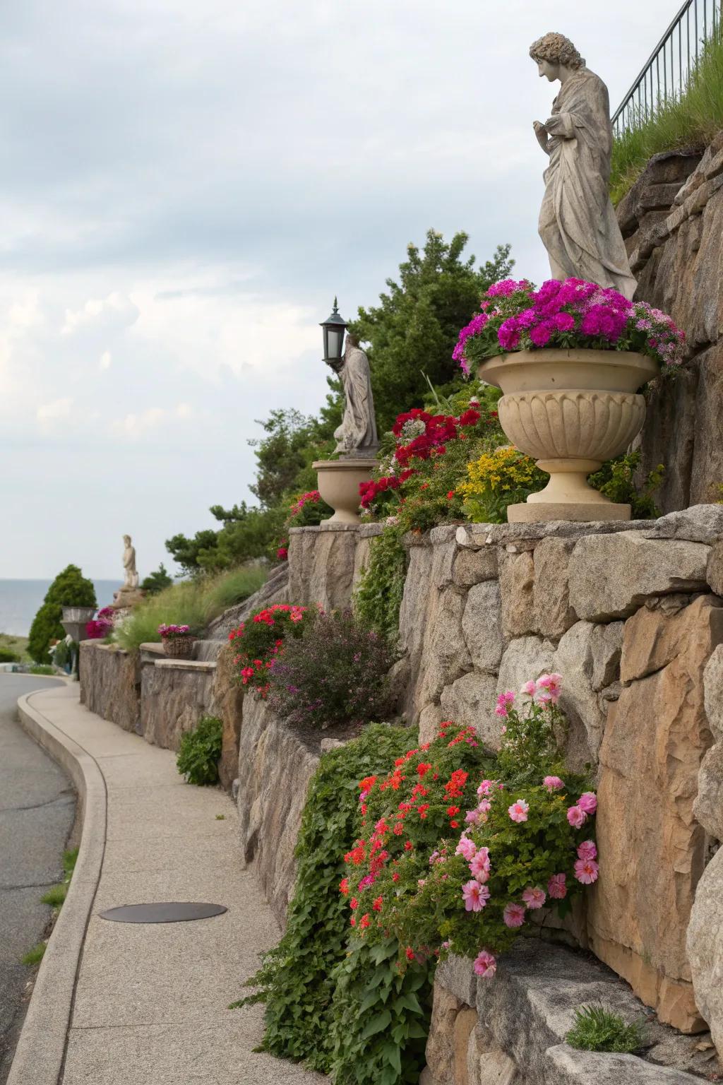 Decorative items such as statues and pots add appeal to stone walls.