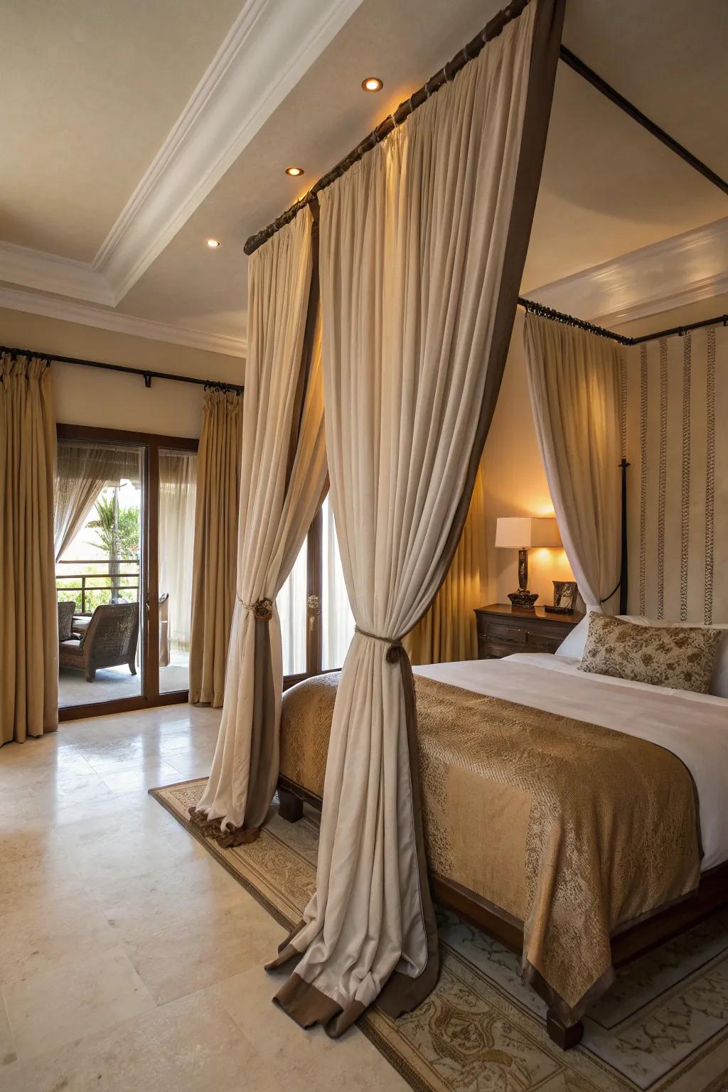 Elegant drapes add a touch of luxury and intimacy to the room.