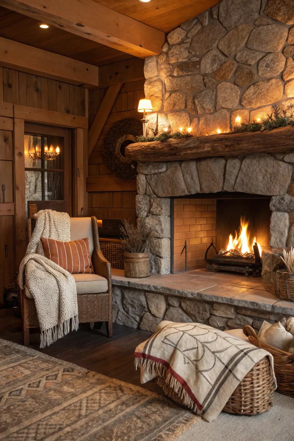 Warm earthy tones complement the rustic allure of this fireplace.