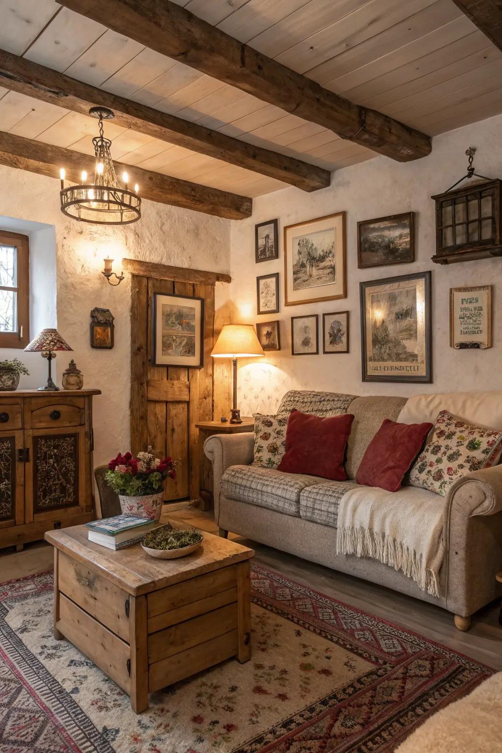 Vintage wall art infuses individuality and history into countryside living spaces.