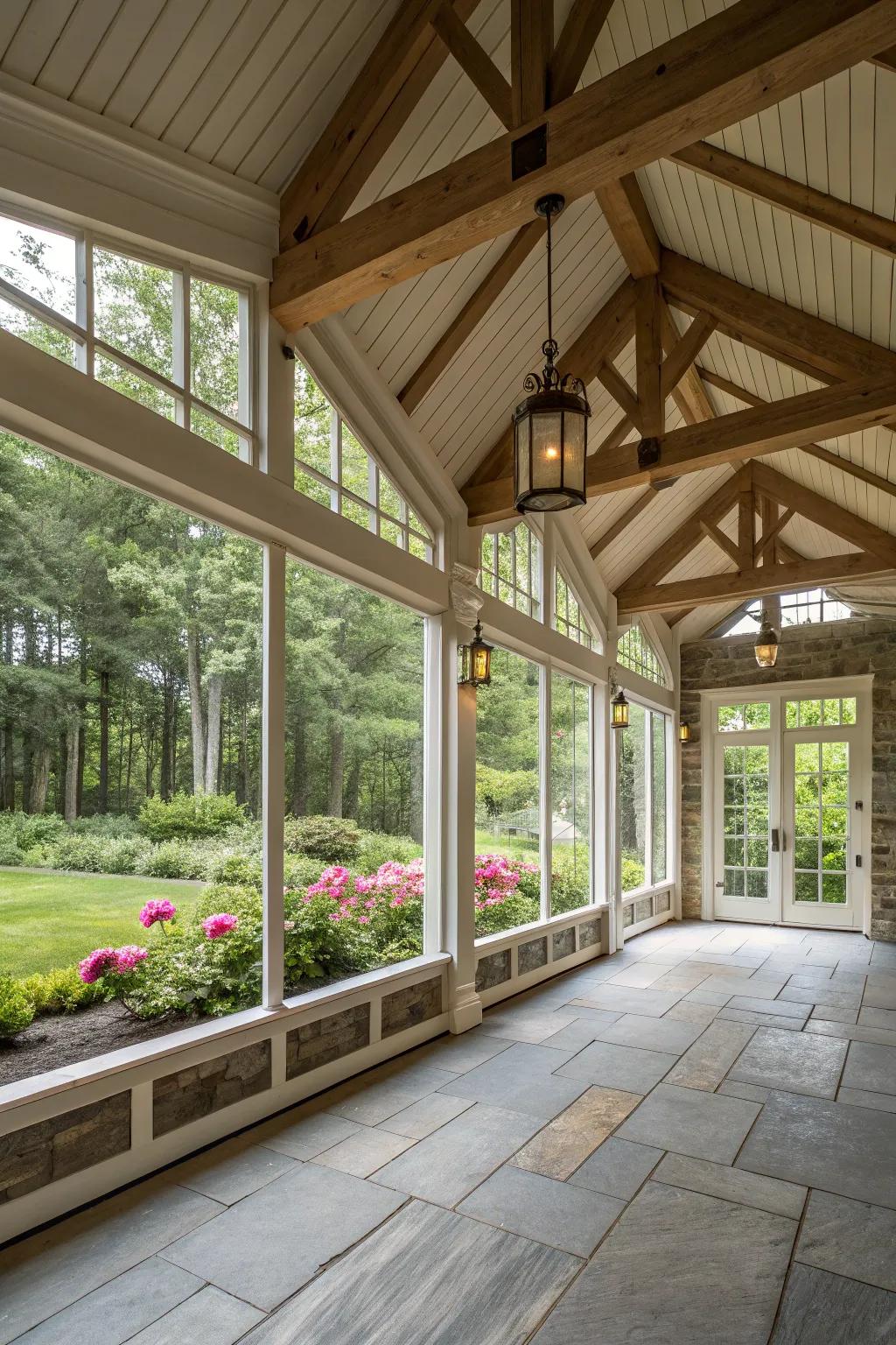 A soaring roof contributes grandeur to every veranda environment.