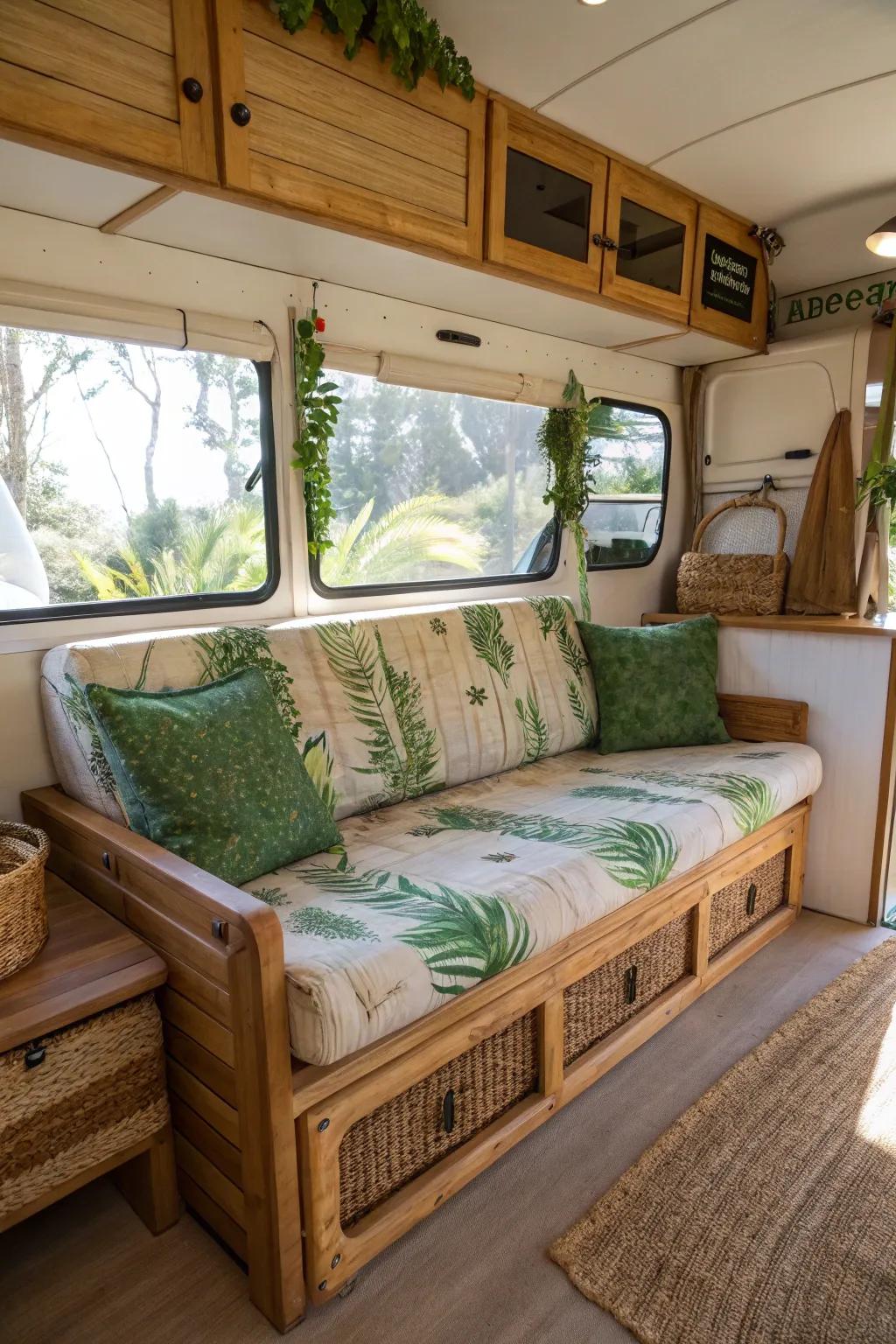 Eco-friendly couches add to a sustainable RV lifestyle.