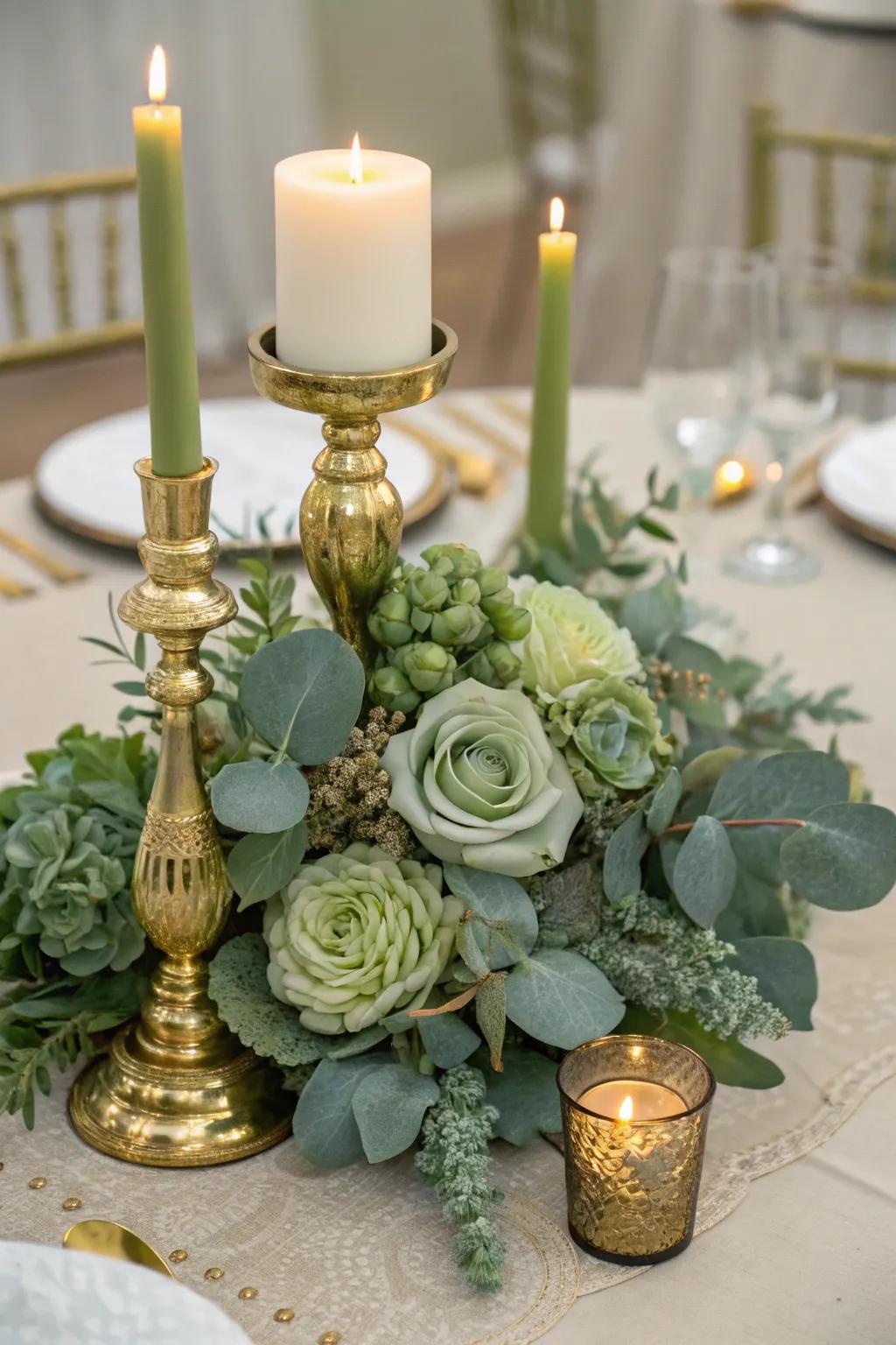 Sage green melded with gold bestows a refined air upon any table.