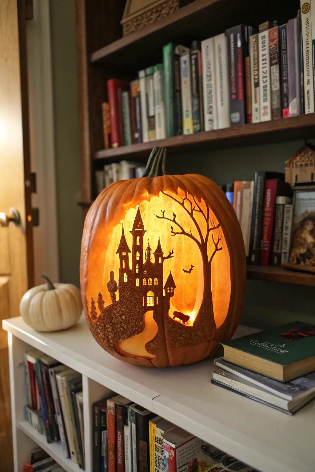 A fairy tale castle carved into a pumpkin, exuding a magical radiance.