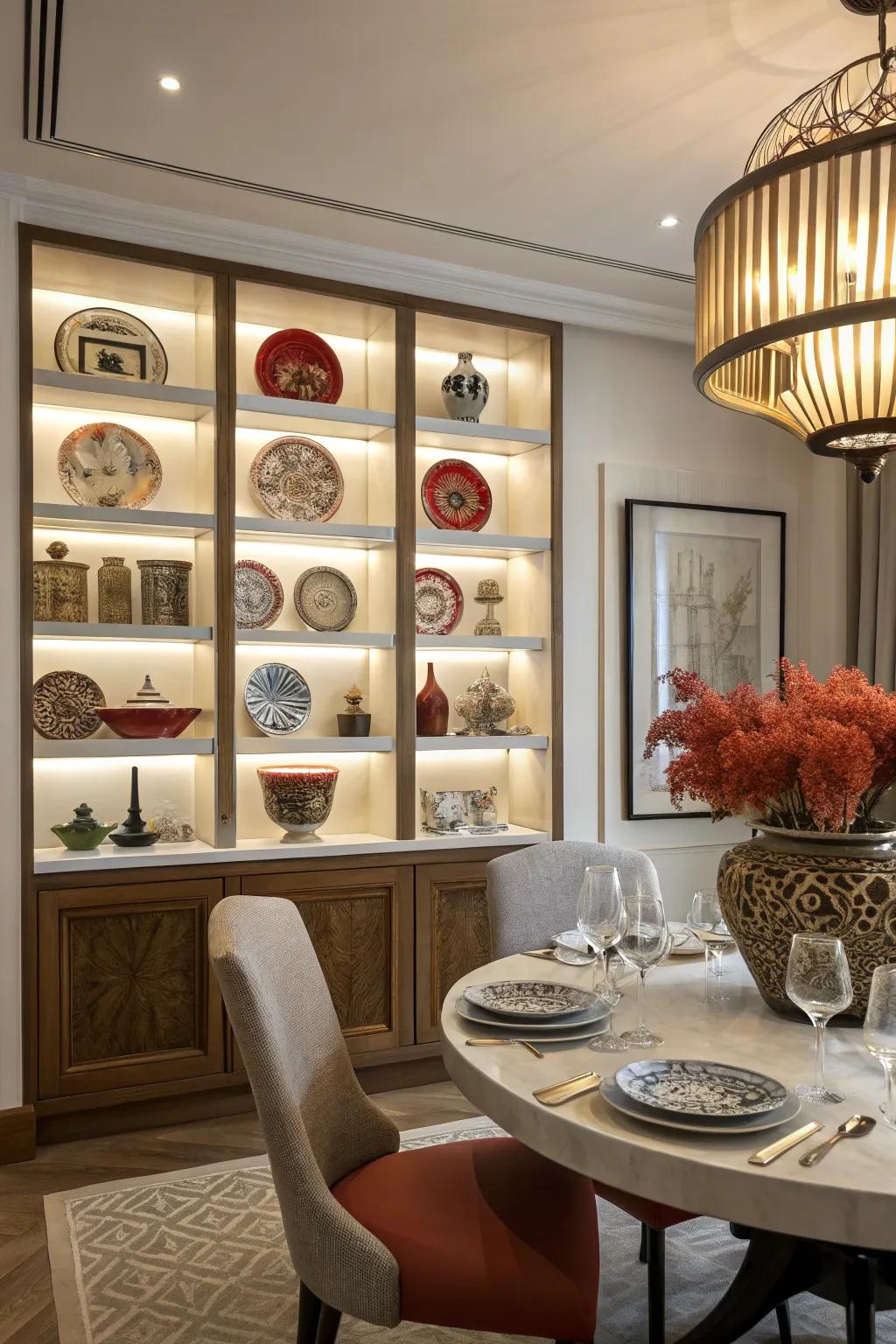 Statement shelves create a striking focal point in the dining room.