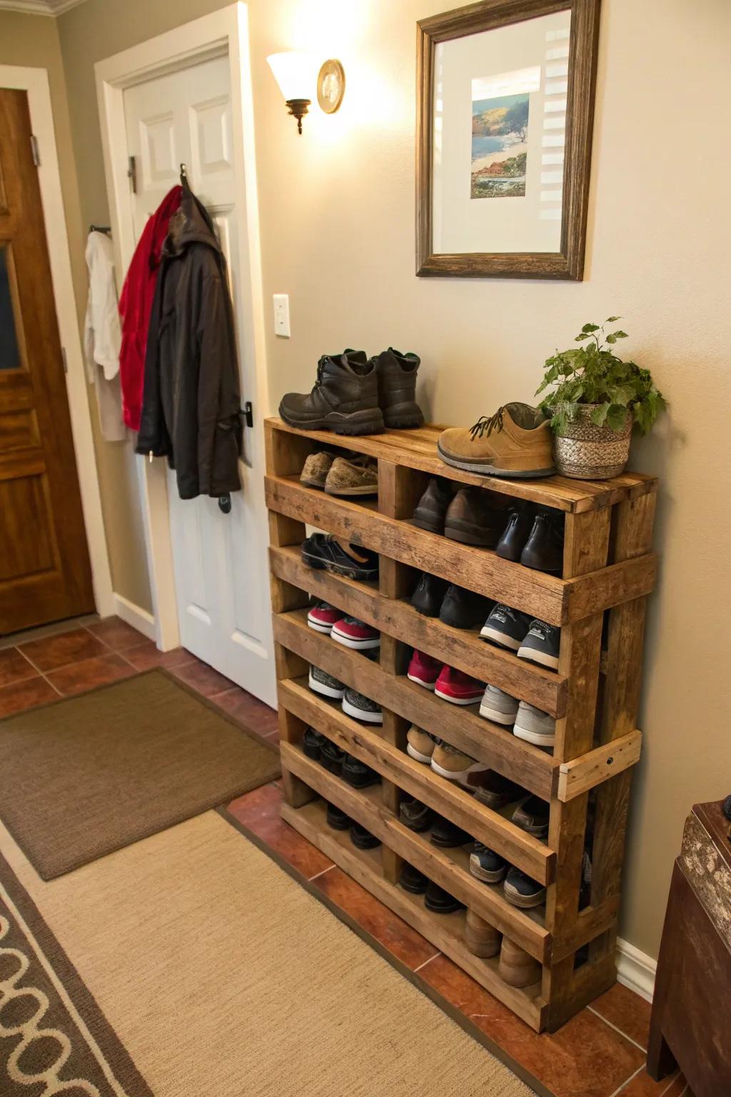 Embrace rustic charm with a DIY pallet shoe rack.