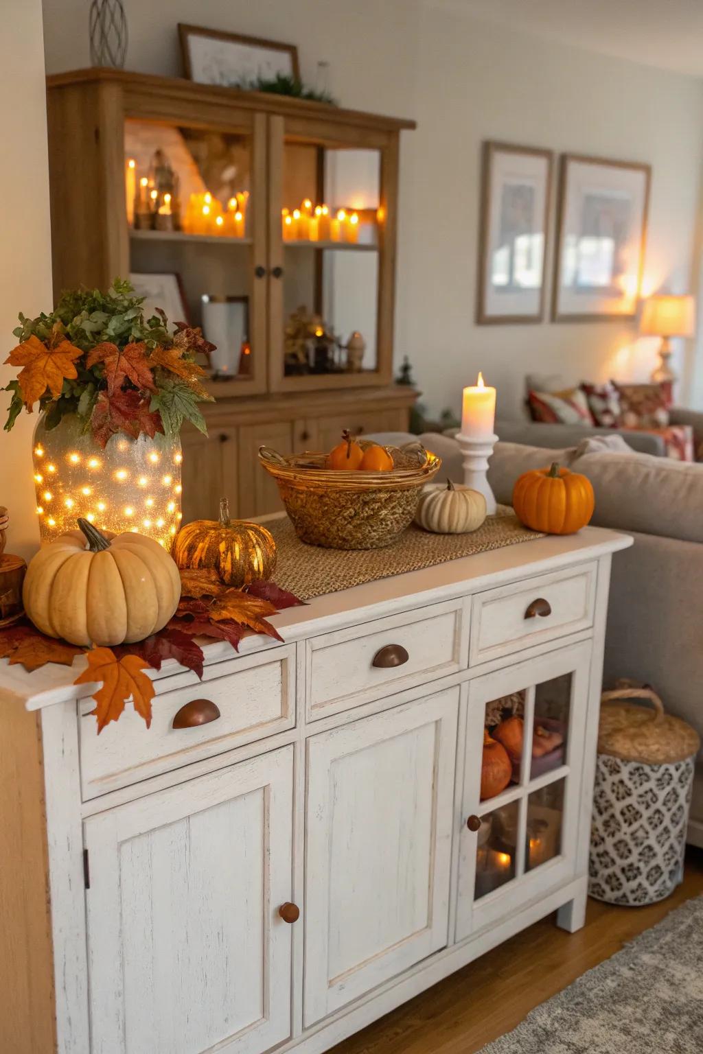 Seasonal touches on a sideboard, like pumpkins and leaves, bring in timely charm.