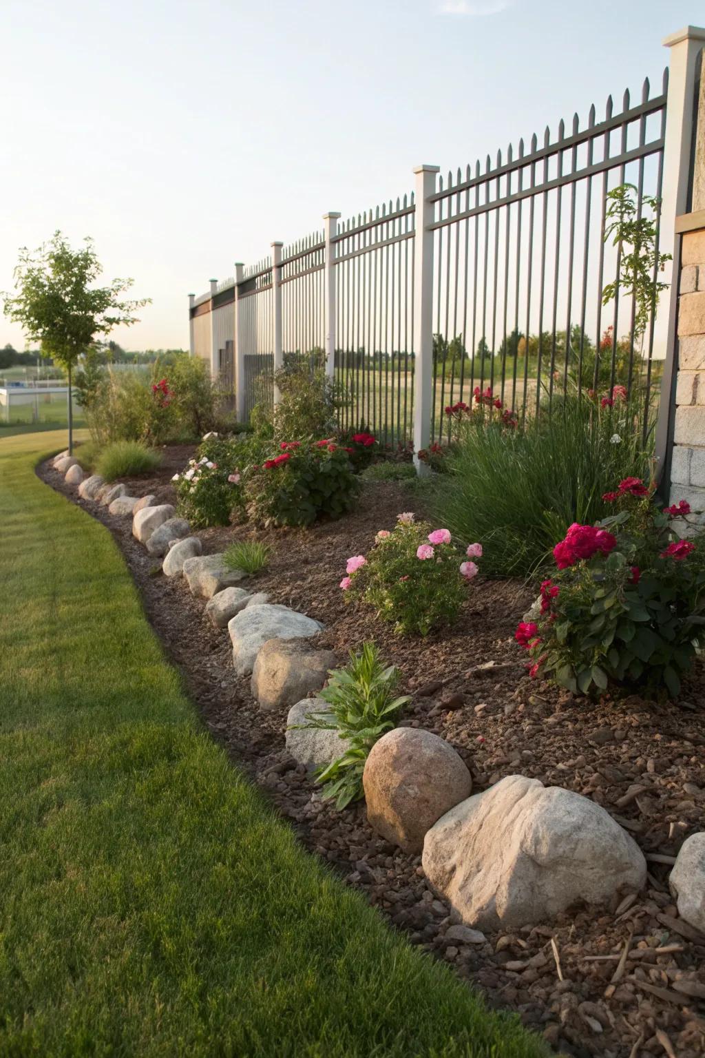 Mulch and rock borders create neat, defined planting areas along fence lines.