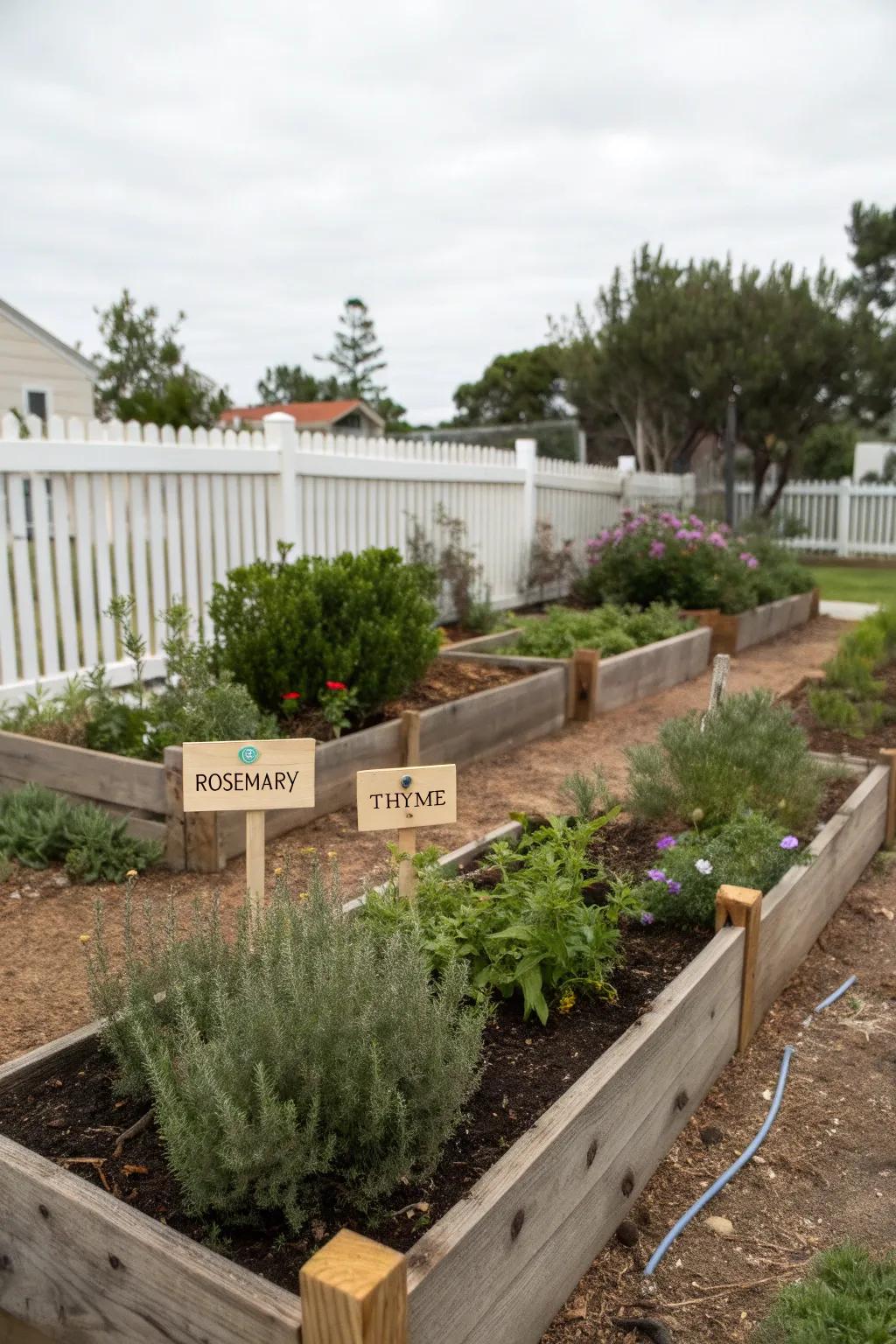 A side yard herb garden brings fragrance and flavor within reach.