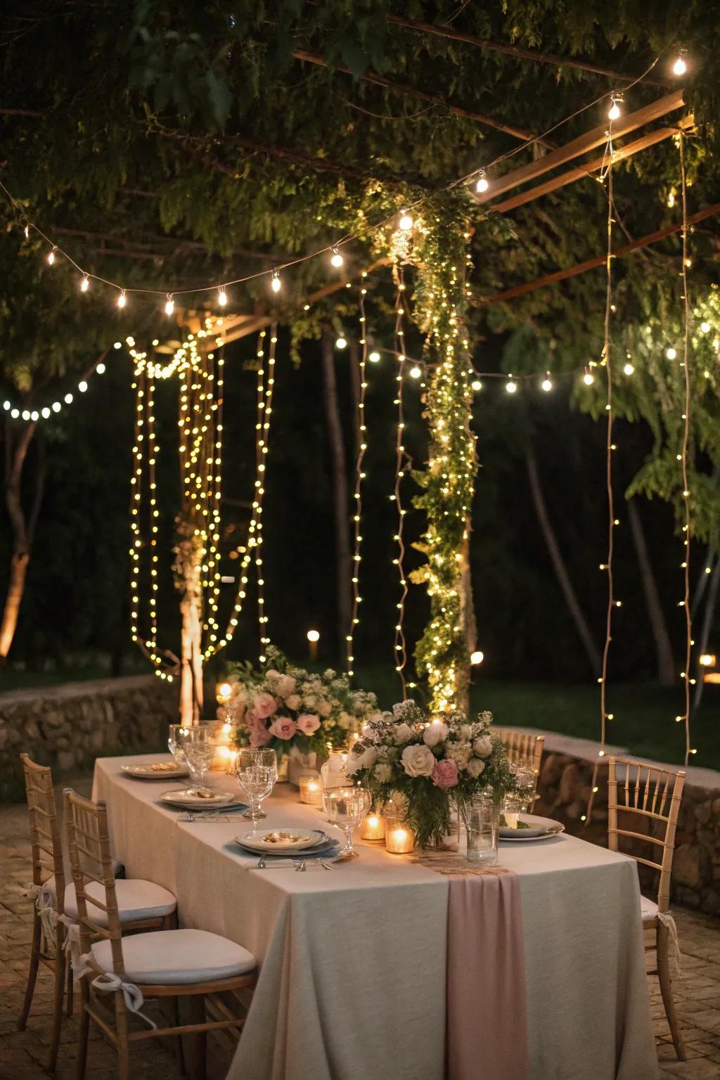 String lights woven through greenery create magic.