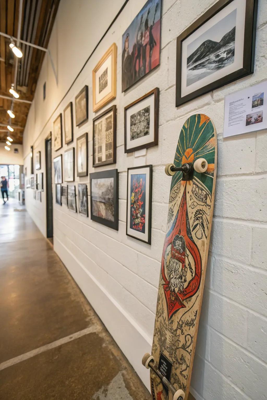 Develop a dynamic gallery wall with skateboard art.