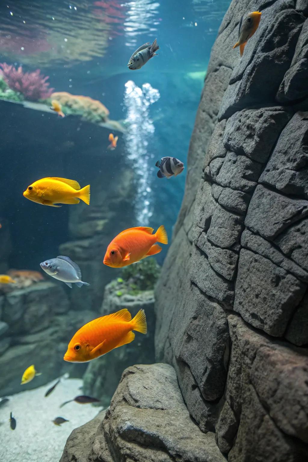 A textured slate backdrop adding depth to the aquarium.
