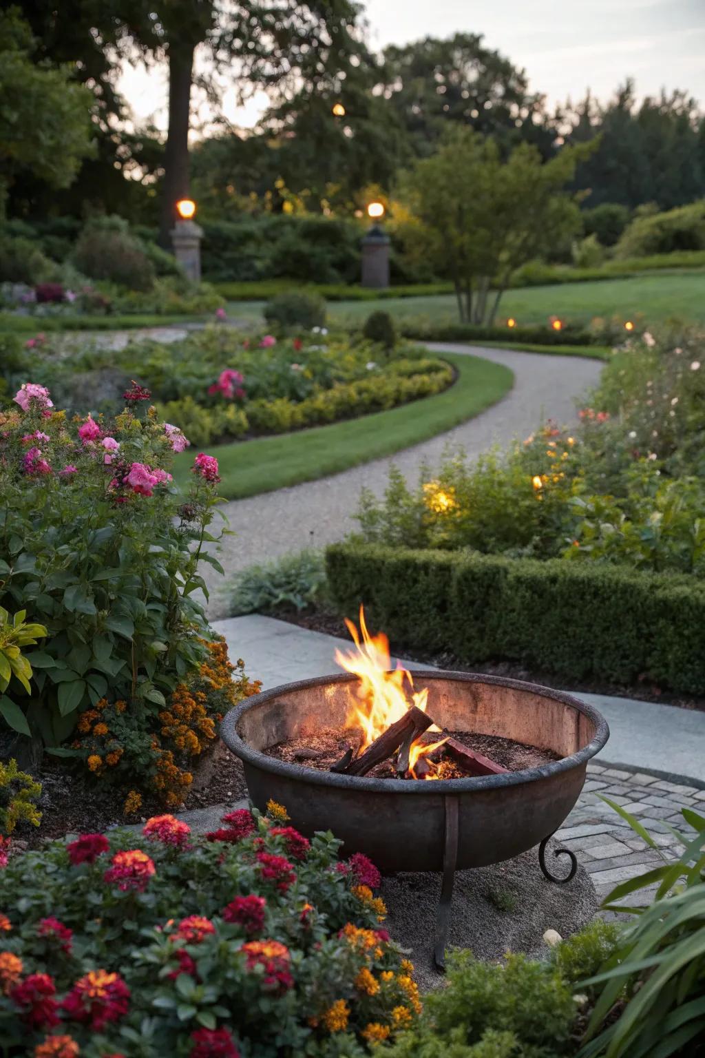 Surrounding the fire pit with greenery and flowers creates a tranquil, natural vibe.