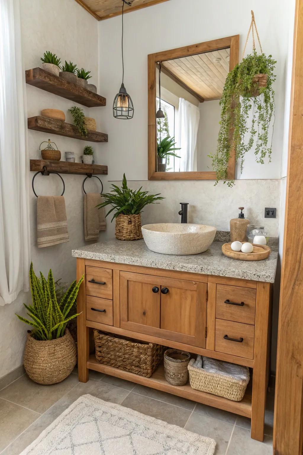 A wood vanity that brings warmth and texture into a small bathroom.