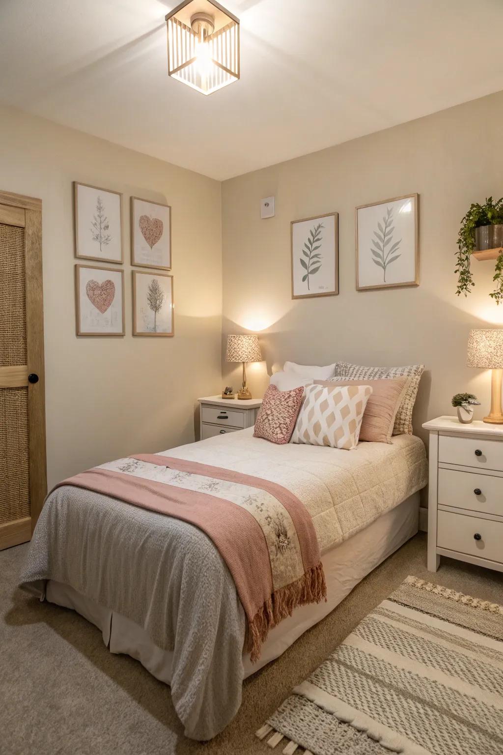 A small bedroom painted in soft, neutral colors to enhance the feeling of spaciousness.