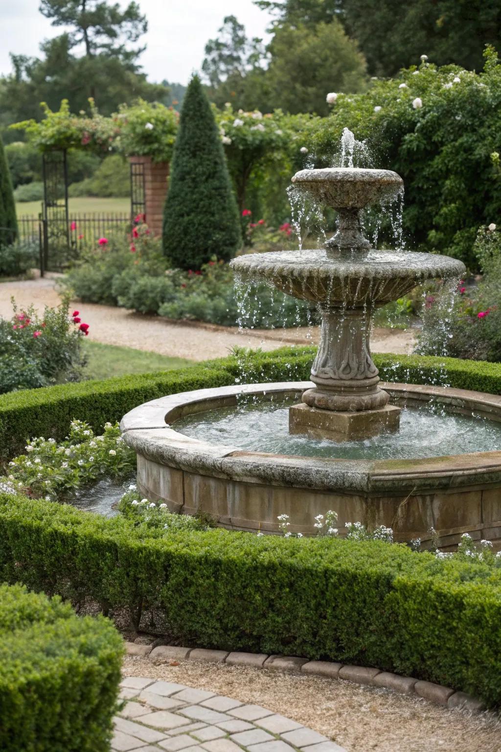 Hedges emphasizing a garden water feature for improved visual appeal.