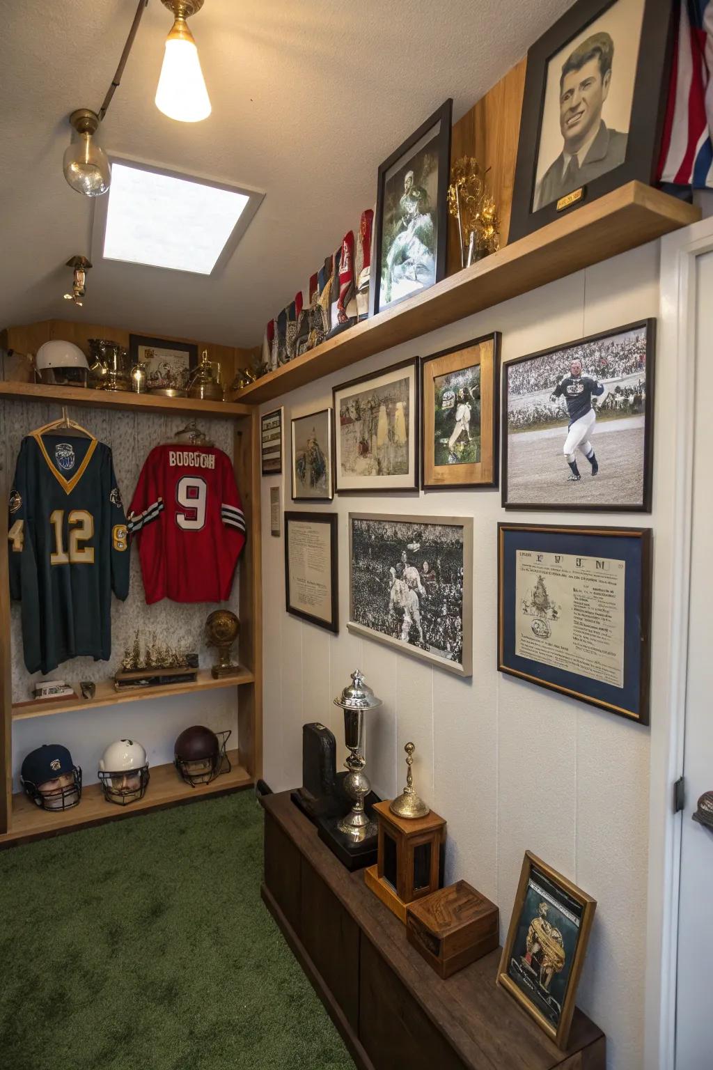 Sports memorabilia and vintage posters add a personal touch to themed decor.