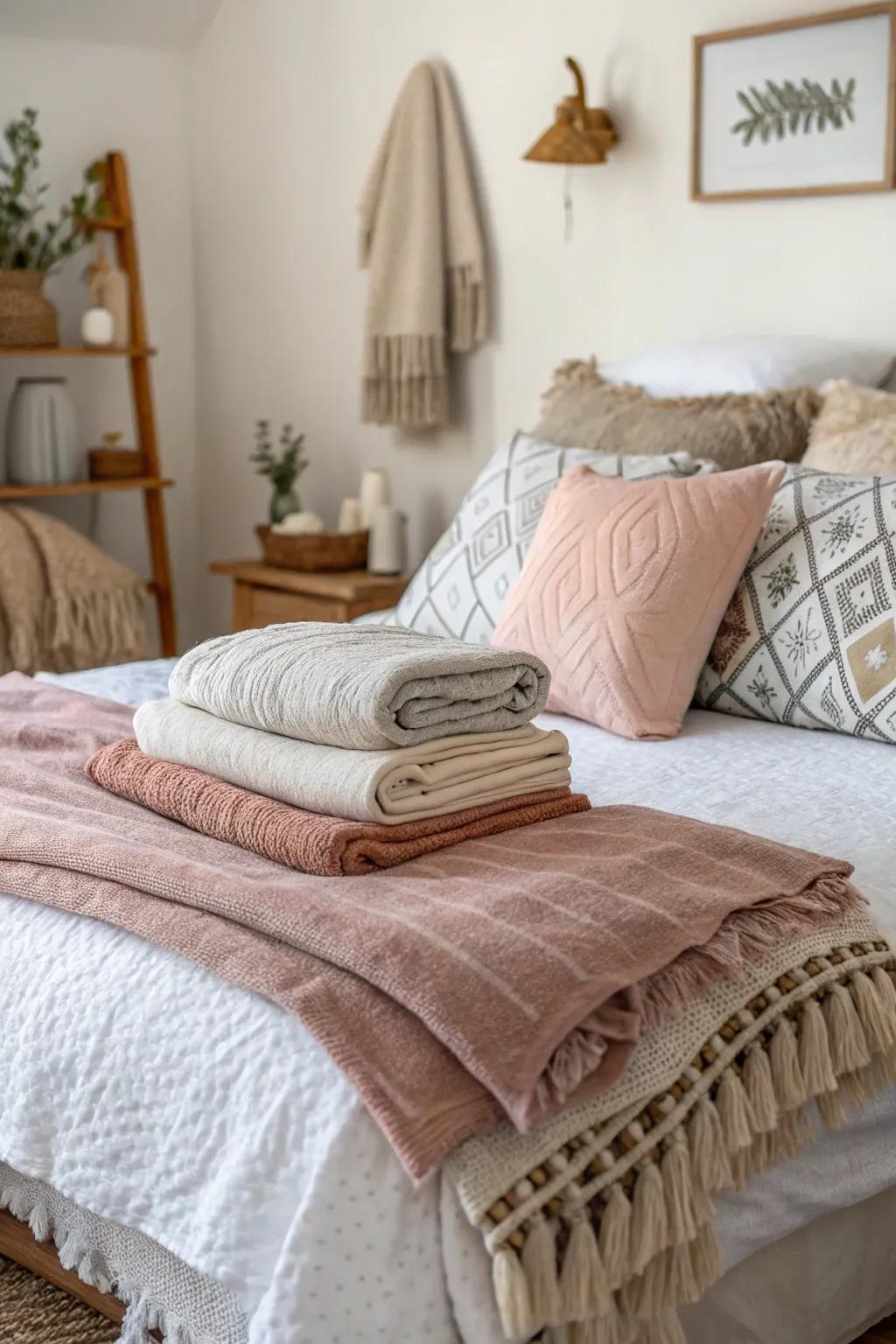 Comfortable fabrics amplify the ambiance of a compact primary bedroom.