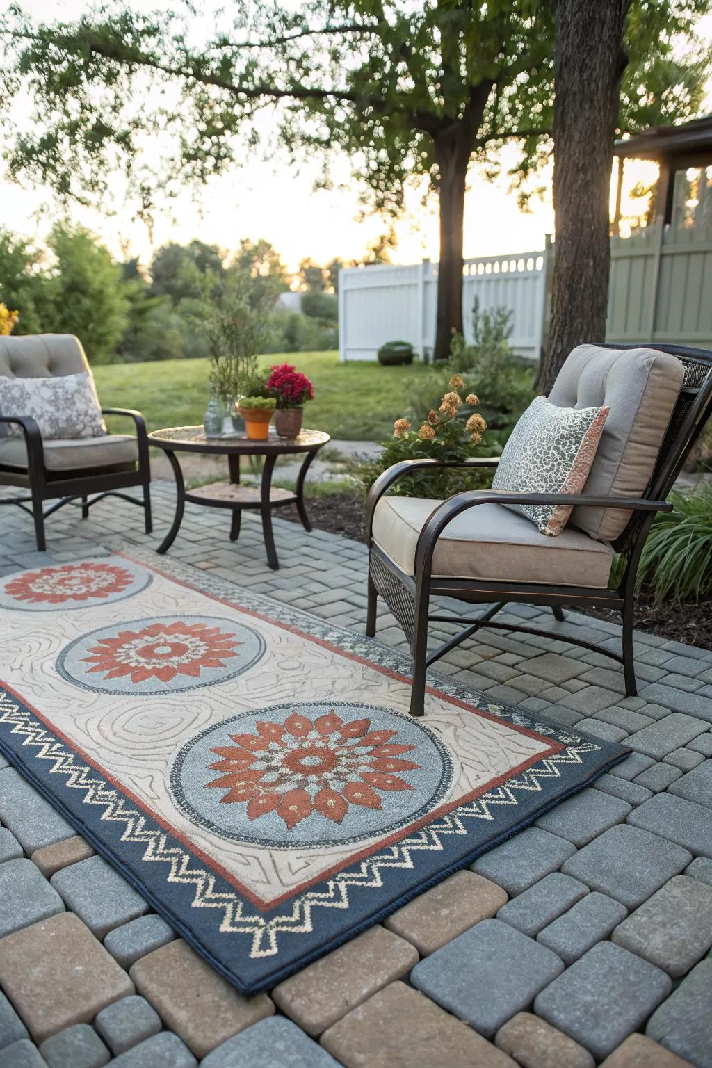 A snug patio amplified by a beauteous open-air carpet.