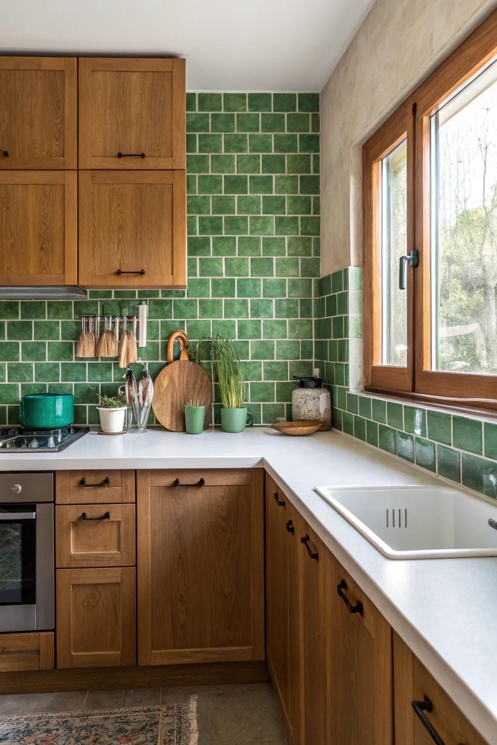 Thorny green tiles offer a refreshing burst of color in a Southwest kitchen.