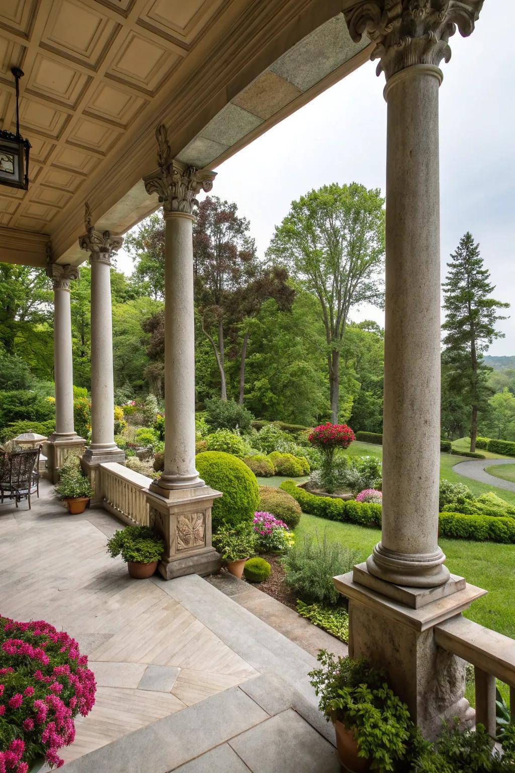 Stone columns add grandeur and timeless charm.