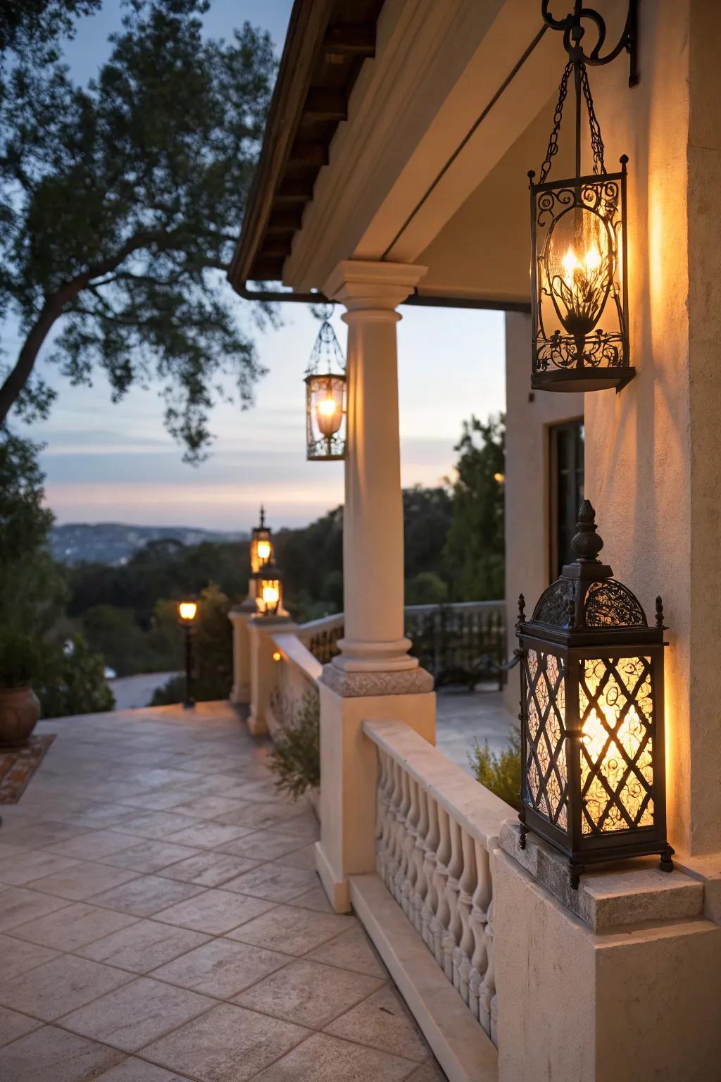 Chic lanterns beautifully illuminate this stucco porch.