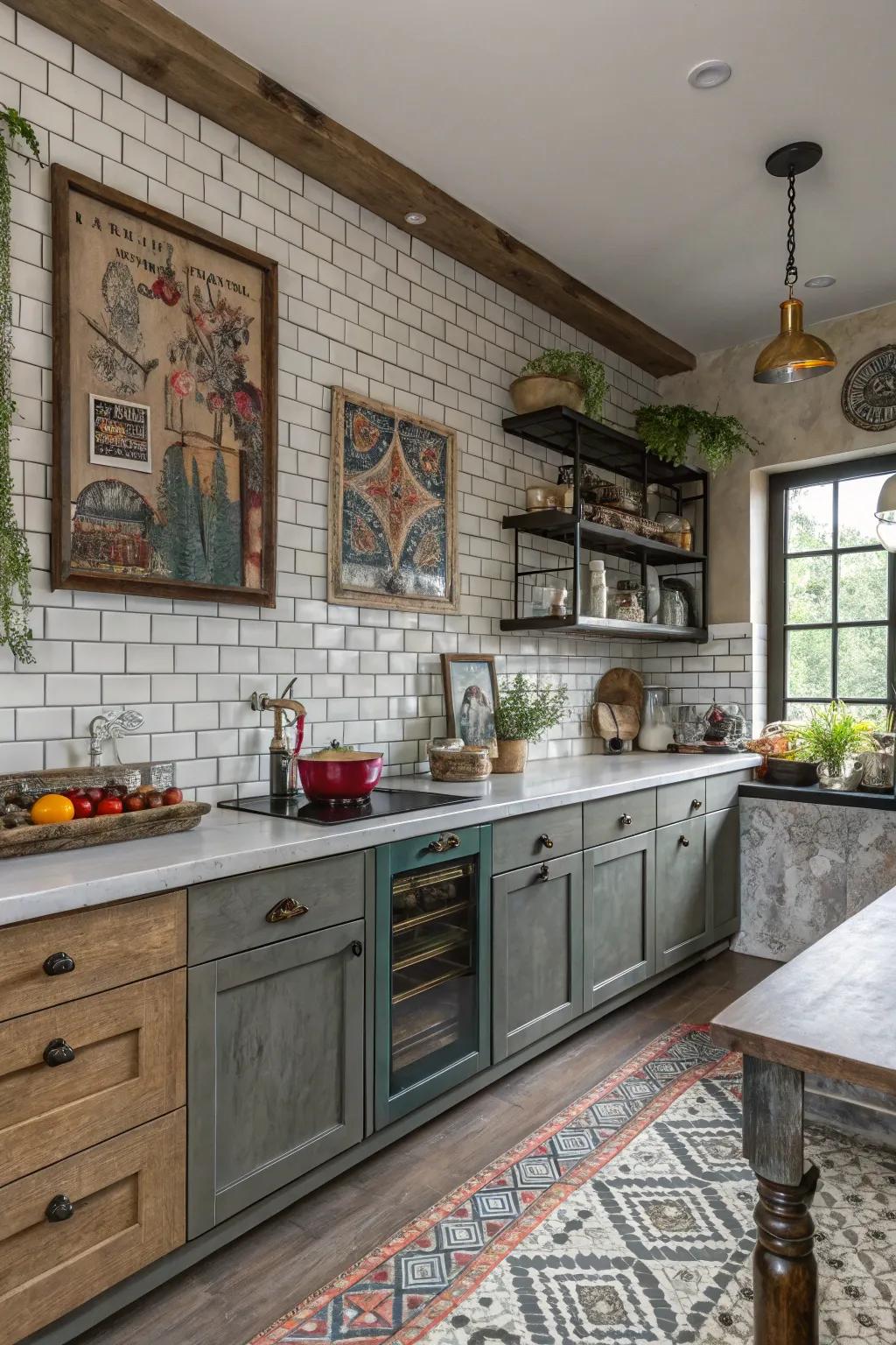 This kitchen achieves a dynamic and fashionable effect through the combination of diverse cladding textures.