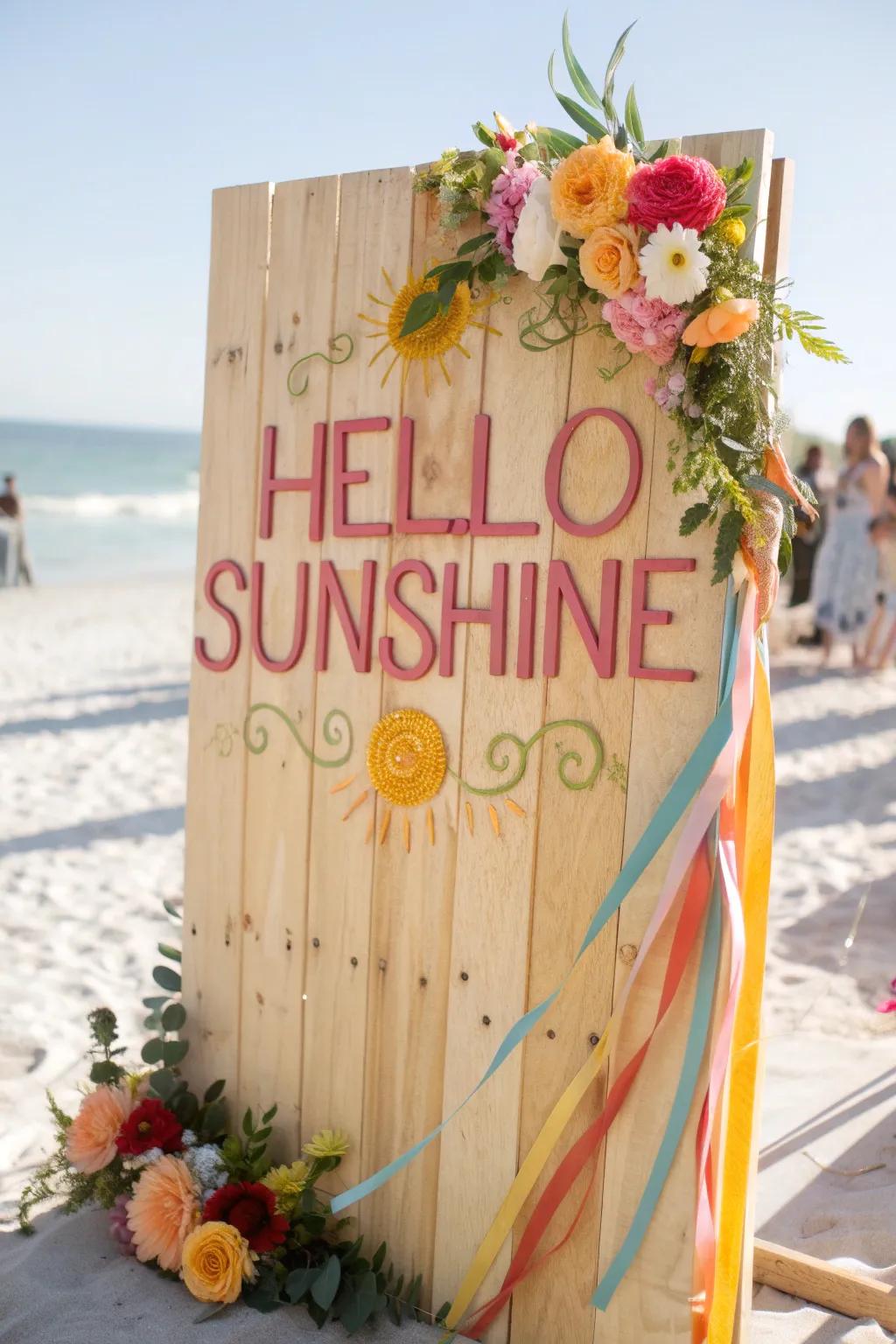 A board featuring cheerful summer greeting phrases to welcome the season.